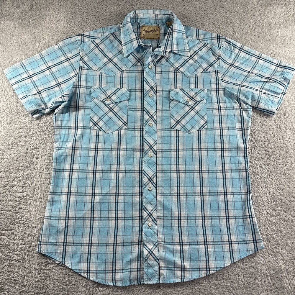 Wrangler Western Shirt Mens Large Blue Plaid Pearl Snap Button Up‎ Lightweight